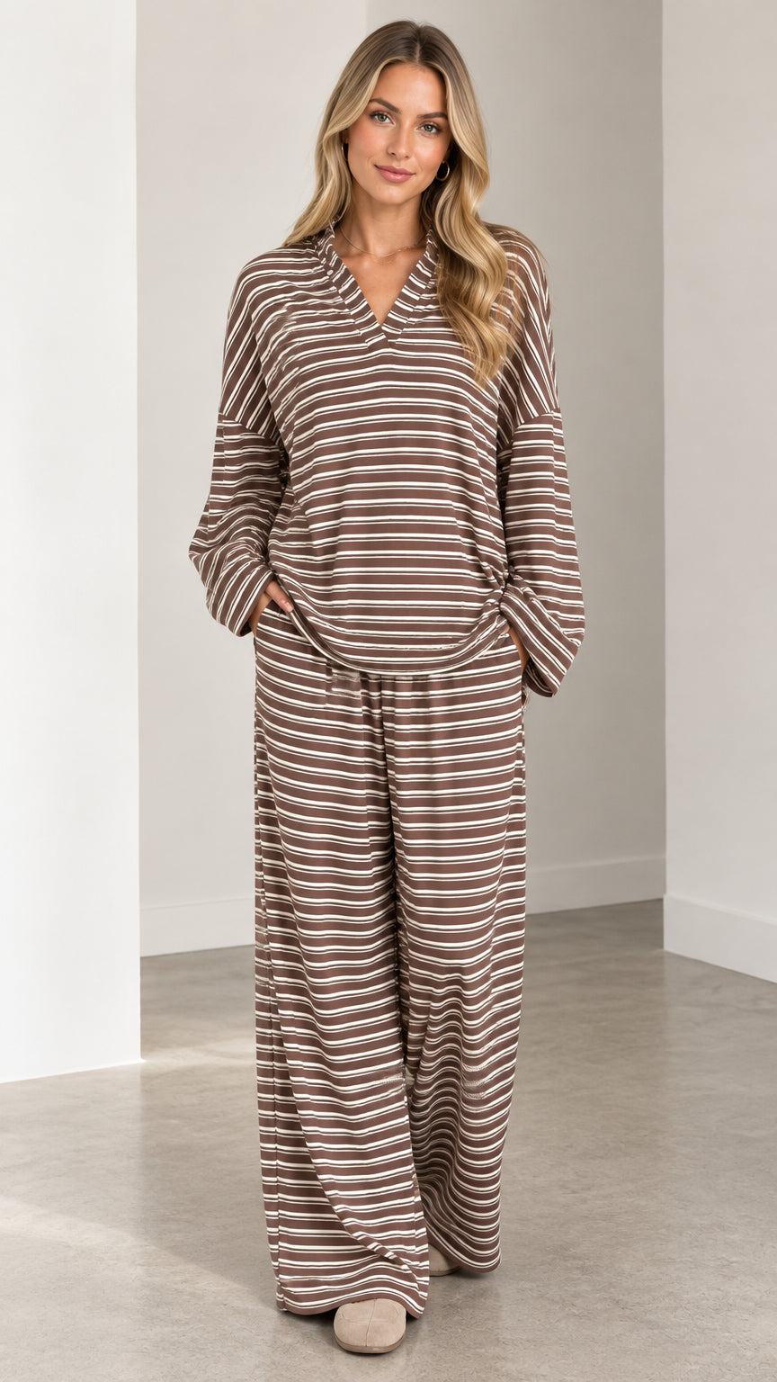 Front full-length view of model wearing the brown striped V-neck top and matching wide-leg lounge pants