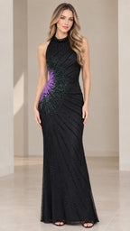 Front full view of black sleeveless halter beaded maxi evening dress with purple starburst motif
