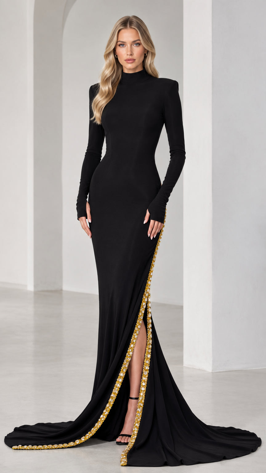 Model wearing black high neck long sleeve evening gown with embellished high slit and train, front view