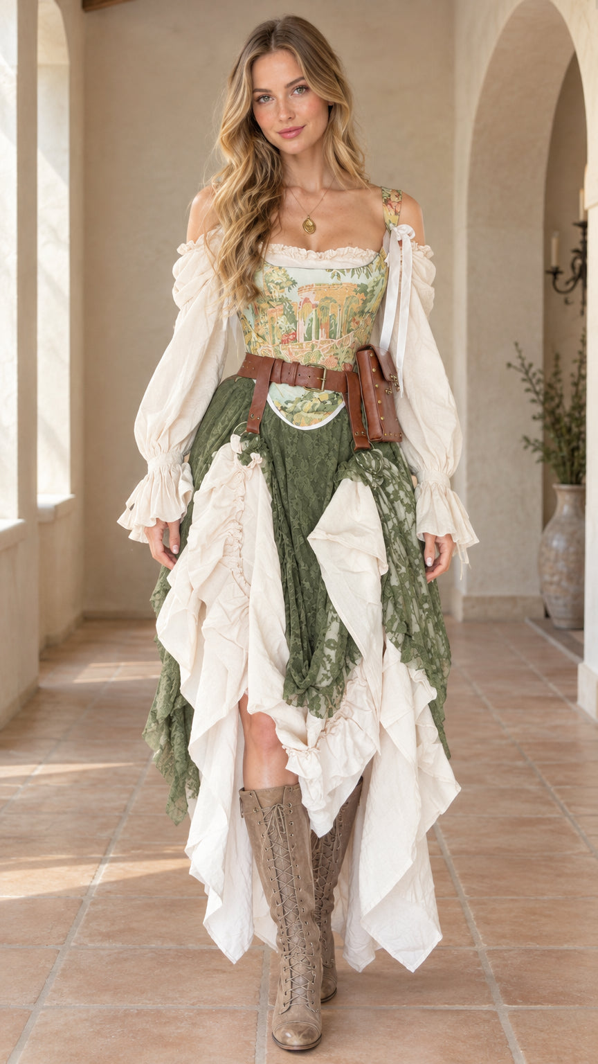 Full front view of model wearing olive green Renaissance tapestry corset dress with layered asymmetrical skirt