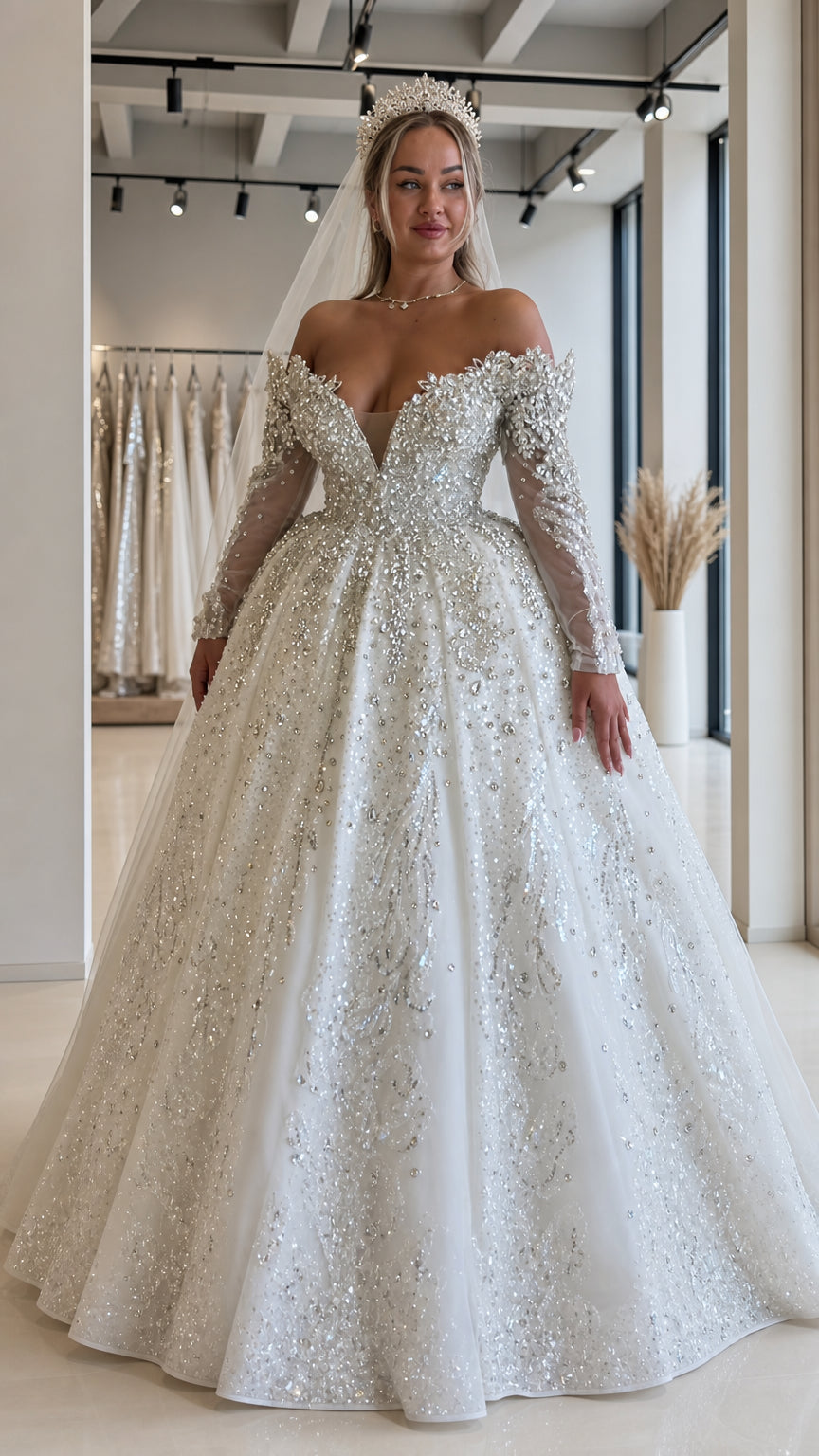 Front view of bride wearing white off-the-shoulder beaded sequin ball gown wedding dress