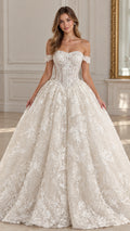 Front view of ivory off-the-shoulder floral lace corset ballgown wedding dress