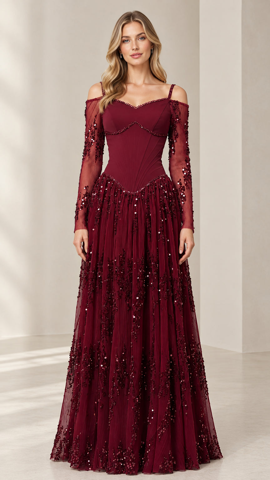 Front view of burgundy cold-shoulder corset evening gown with sequin skirt