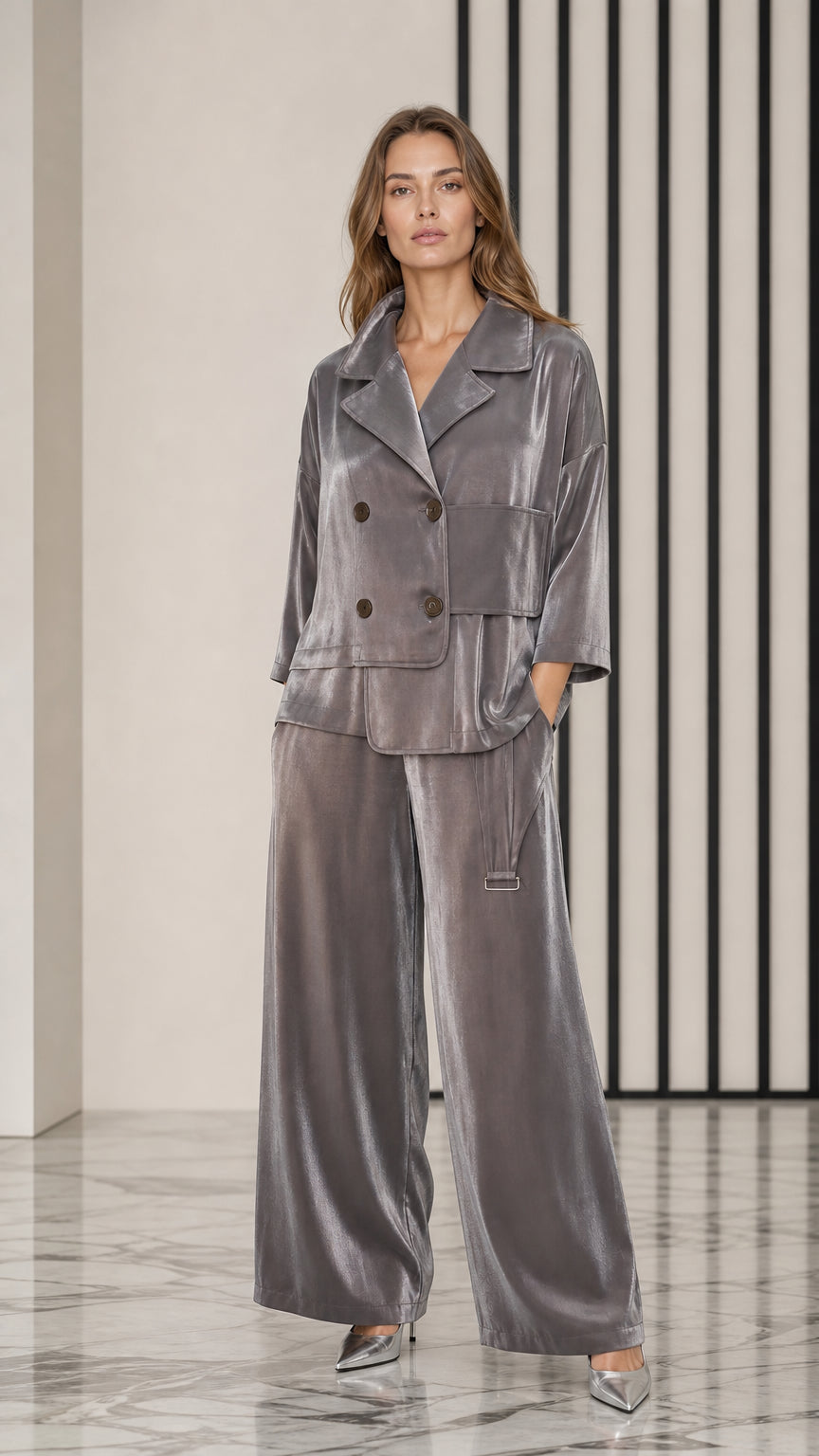Front view of model wearing Slate Grey velvet double-breasted jacket and wide-leg trousers set