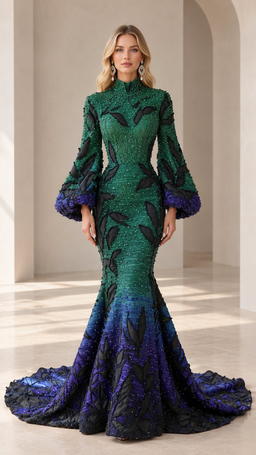 Front view of emerald green to royal blue ombré high-neck mermaid evening gown with beaded lantern sleeves