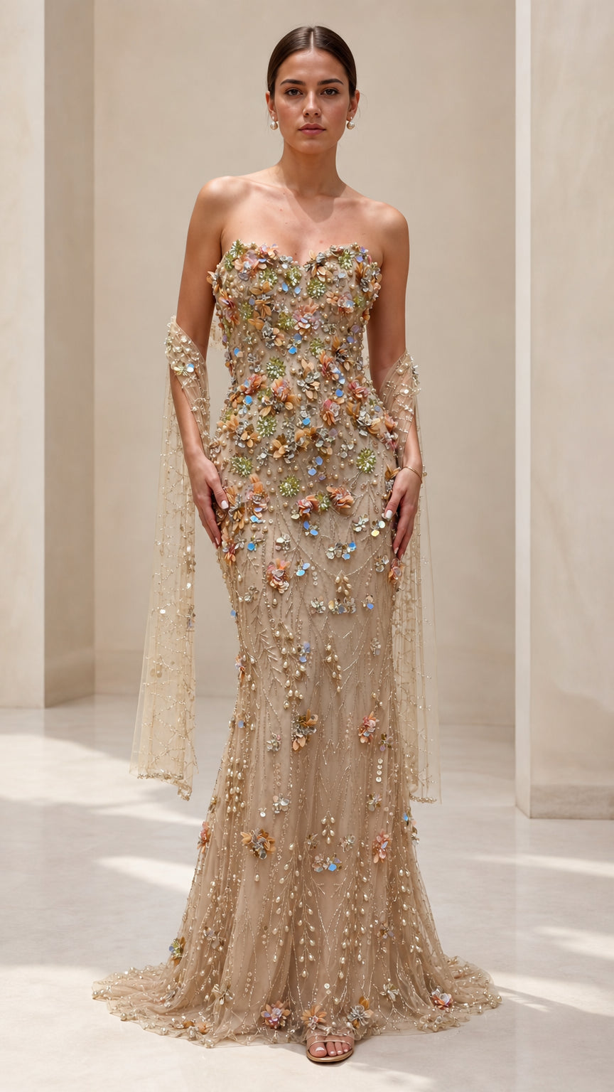 Front view of champagne strapless 3D floral embellished mermaid evening gown