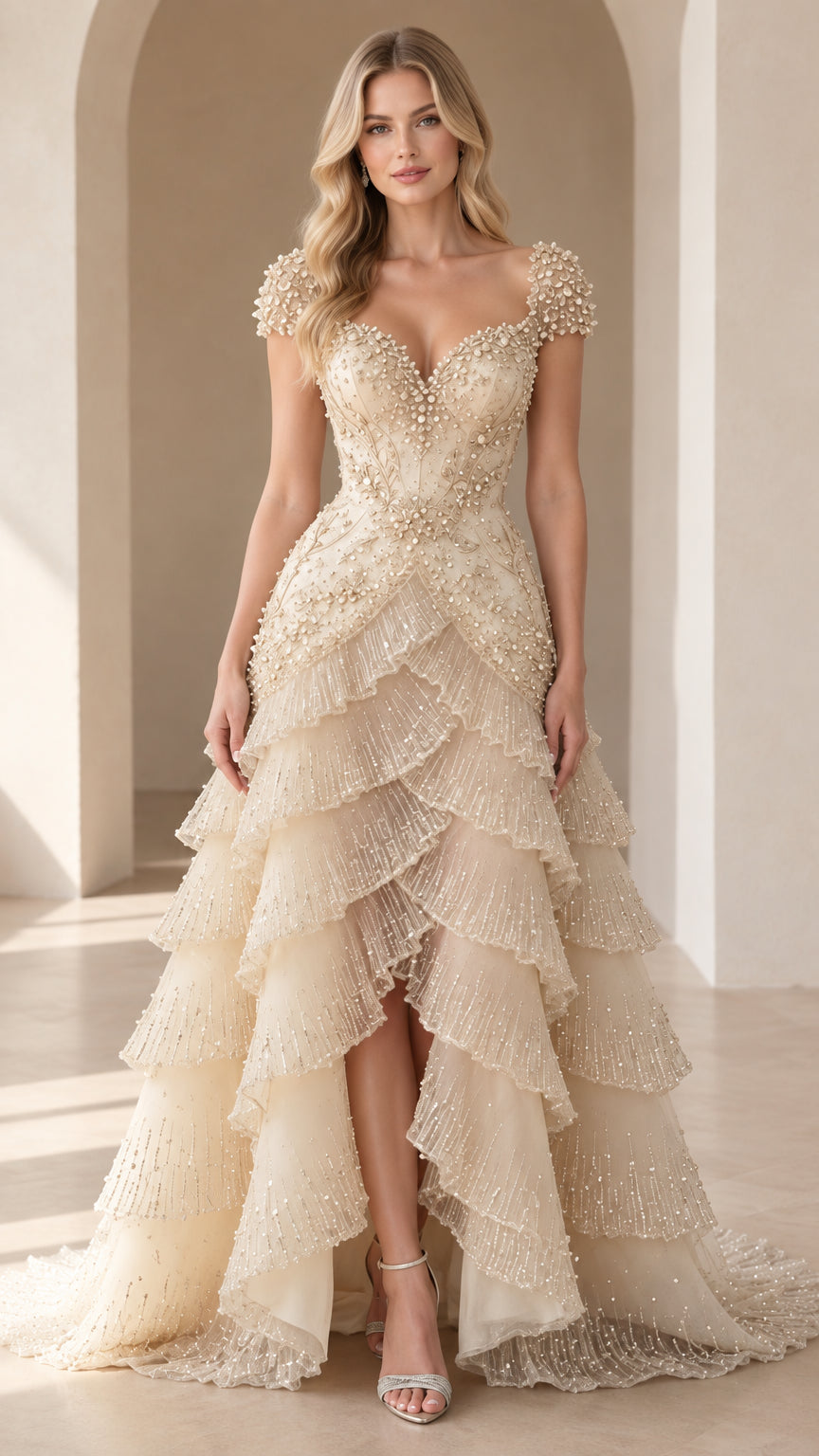 Champagne beaded floral high-low tiered evening gown front view