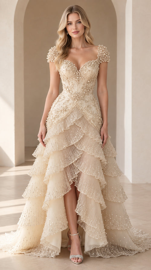 Champagne beaded floral high-low tiered evening gown front view