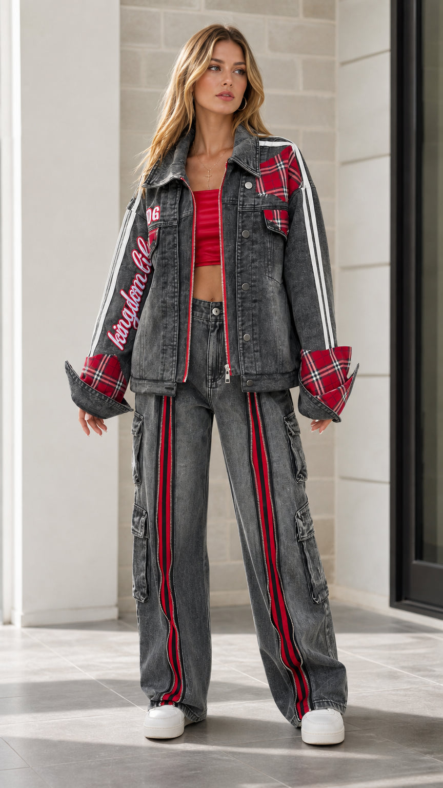Full front view of model wearing Washed Black plaid patchwork denim jacket and matching wide-leg cargo pants
