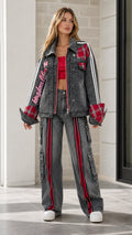 Full front view of model wearing Washed Black plaid patchwork denim jacket and matching wide-leg cargo pants