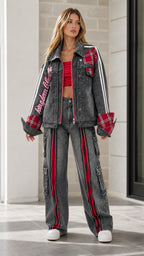 Full front view of model wearing Washed Black plaid patchwork denim jacket and matching wide-leg cargo pants