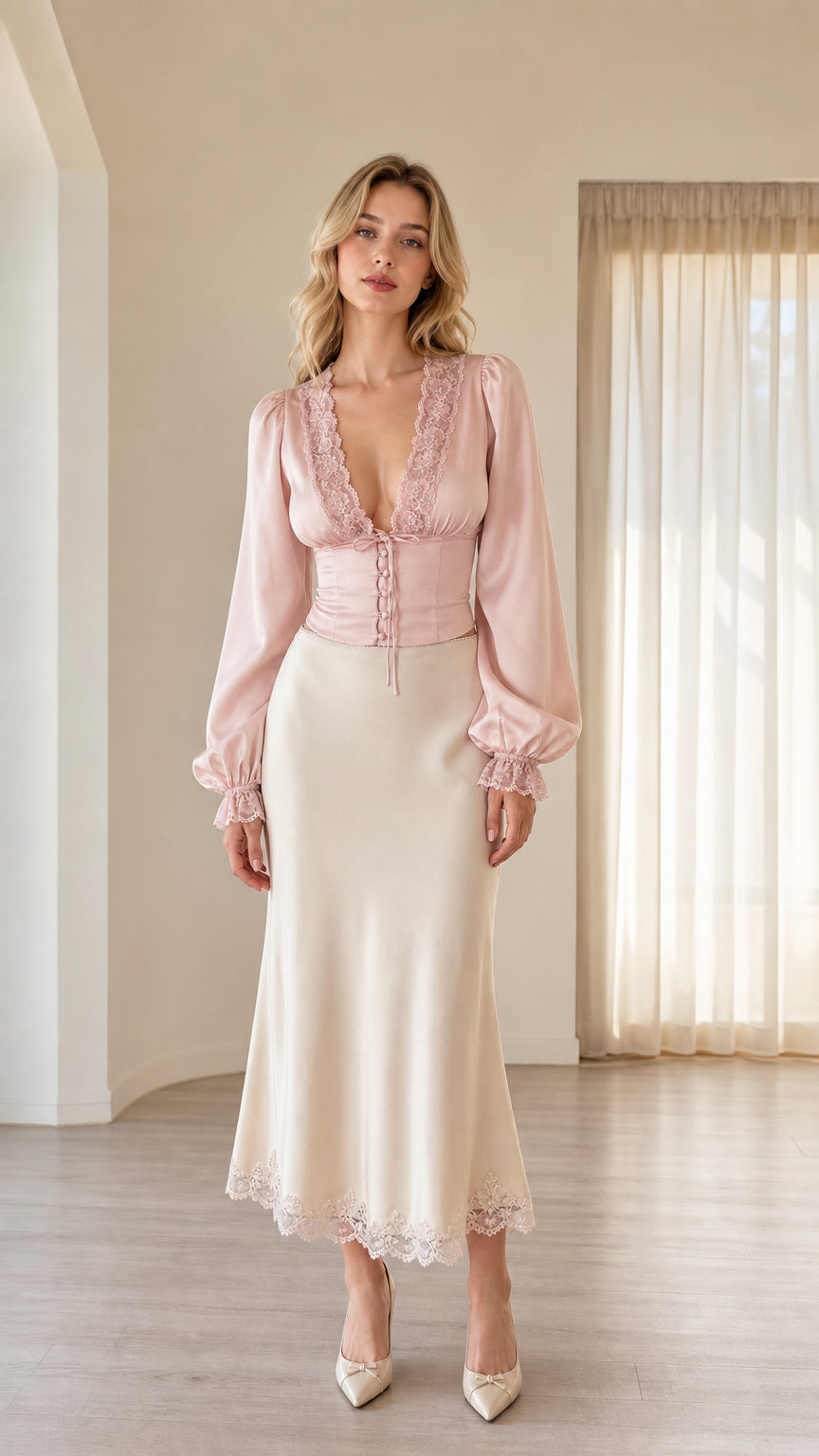 Front full view of woman wearing blush pink lace-trim satin top with ivory midi skirt