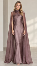 Front full-length view of dusty mauve high neck evening gown with sheer cape overlay