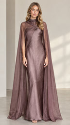 Front full-length view of dusty mauve high neck evening gown with sheer cape overlay