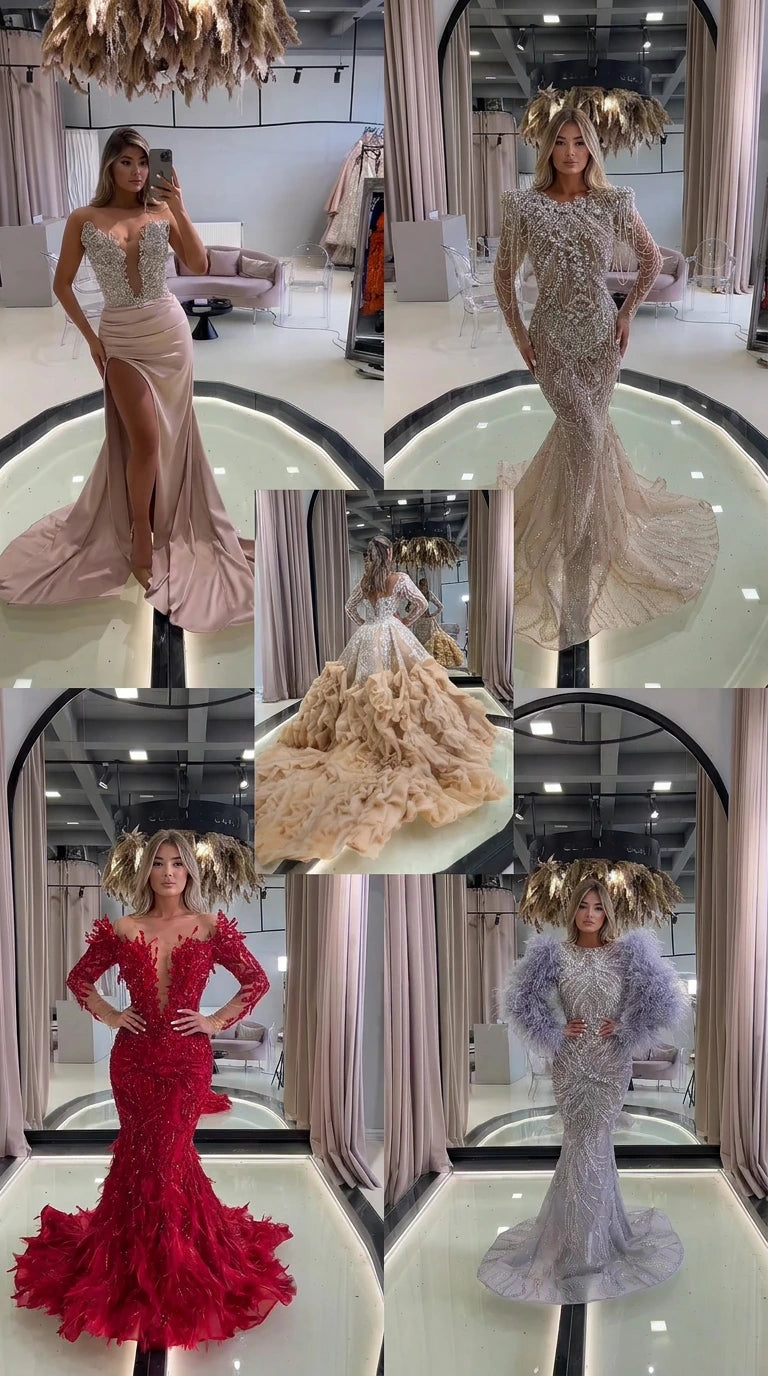 Collage of formal beaded mermaid evening gowns in multiple color options