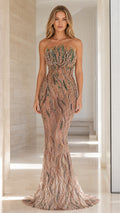 Front view of champagne strapless beaded mermaid evening gown with sequin details