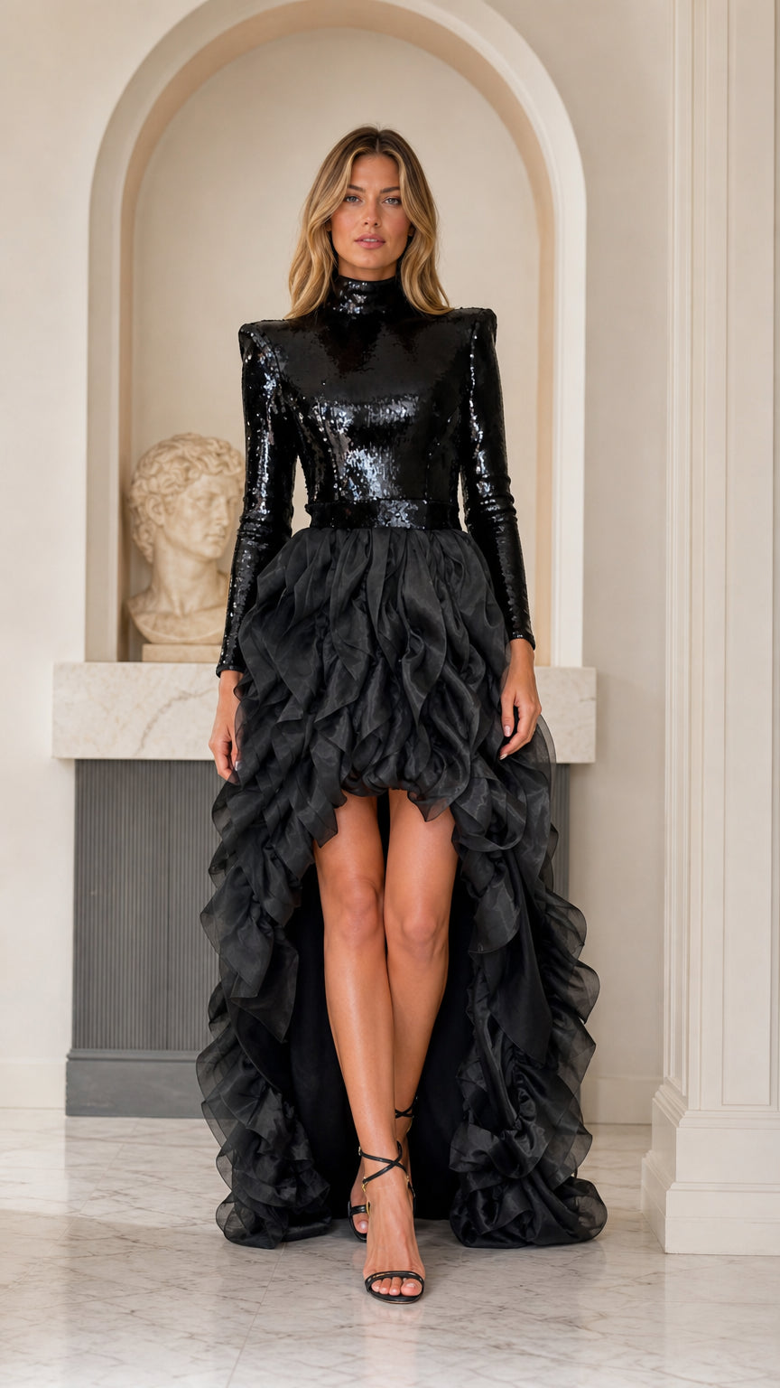 Front full view of black sequin bodice high-low ruffle evening gown on model