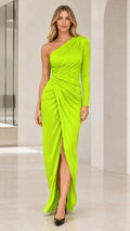 Lime Green one-shoulder draped maxi dress with front slit front view