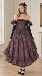 Front full-length view of model wearing Burgundy Victorian off-shoulder corset maxi dress with tiered ruffle hem