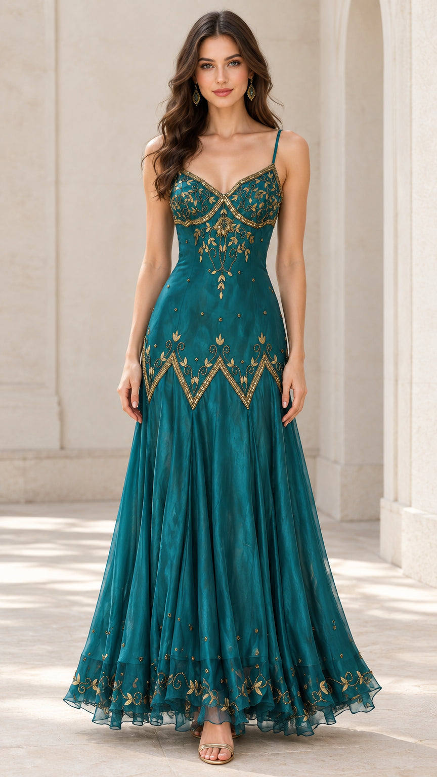 Front view of woman wearing teal embroidered sweetheart maxi evening gown