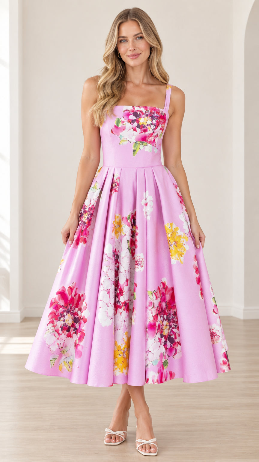 Front view of model wearing pink floral square neck pleated midi dress