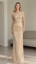 Front view of model wearing a shimmering gold one-shoulder ruched sequin maxi evening gown
