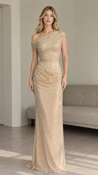 Front view of model wearing a shimmering gold one-shoulder ruched sequin maxi evening gown