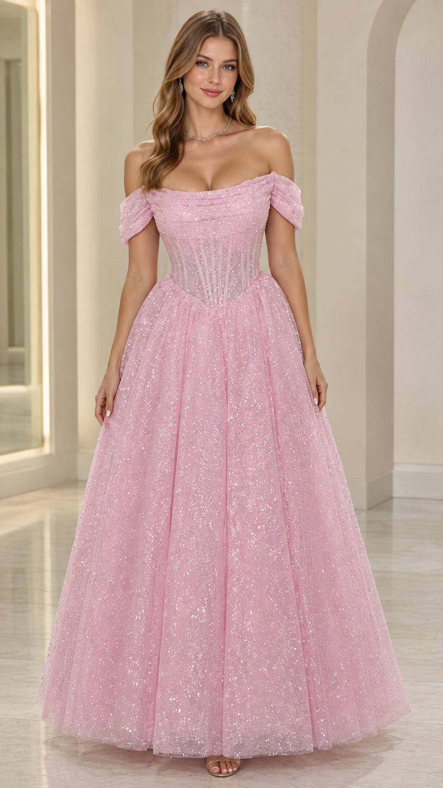Full-length front view of woman wearing pink glitter corset ball gown with off-the-shoulder draped straps