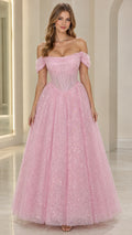 Full-length front view of woman wearing pink glitter corset ball gown with off-the-shoulder draped straps