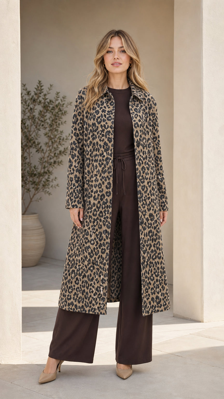 Front view of woman wearing Classic Tan leopard print longline duster coat