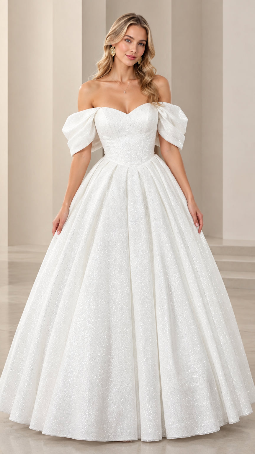 Front view of model wearing white off-the-shoulder glitter ball gown with sweetheart neckline