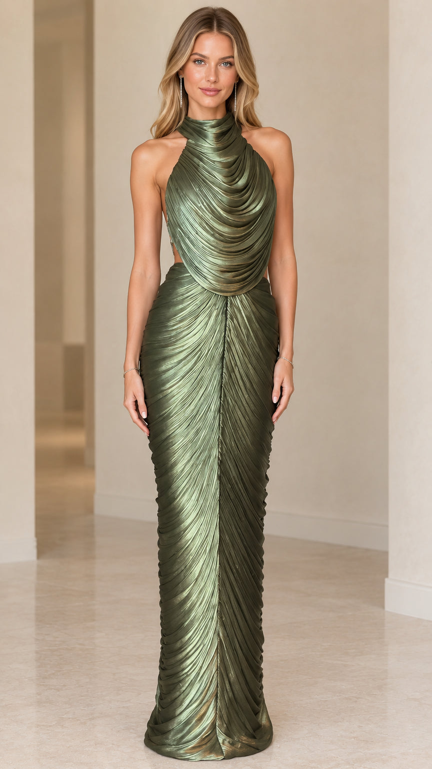Olive green halter pleated evening maxi gown front view