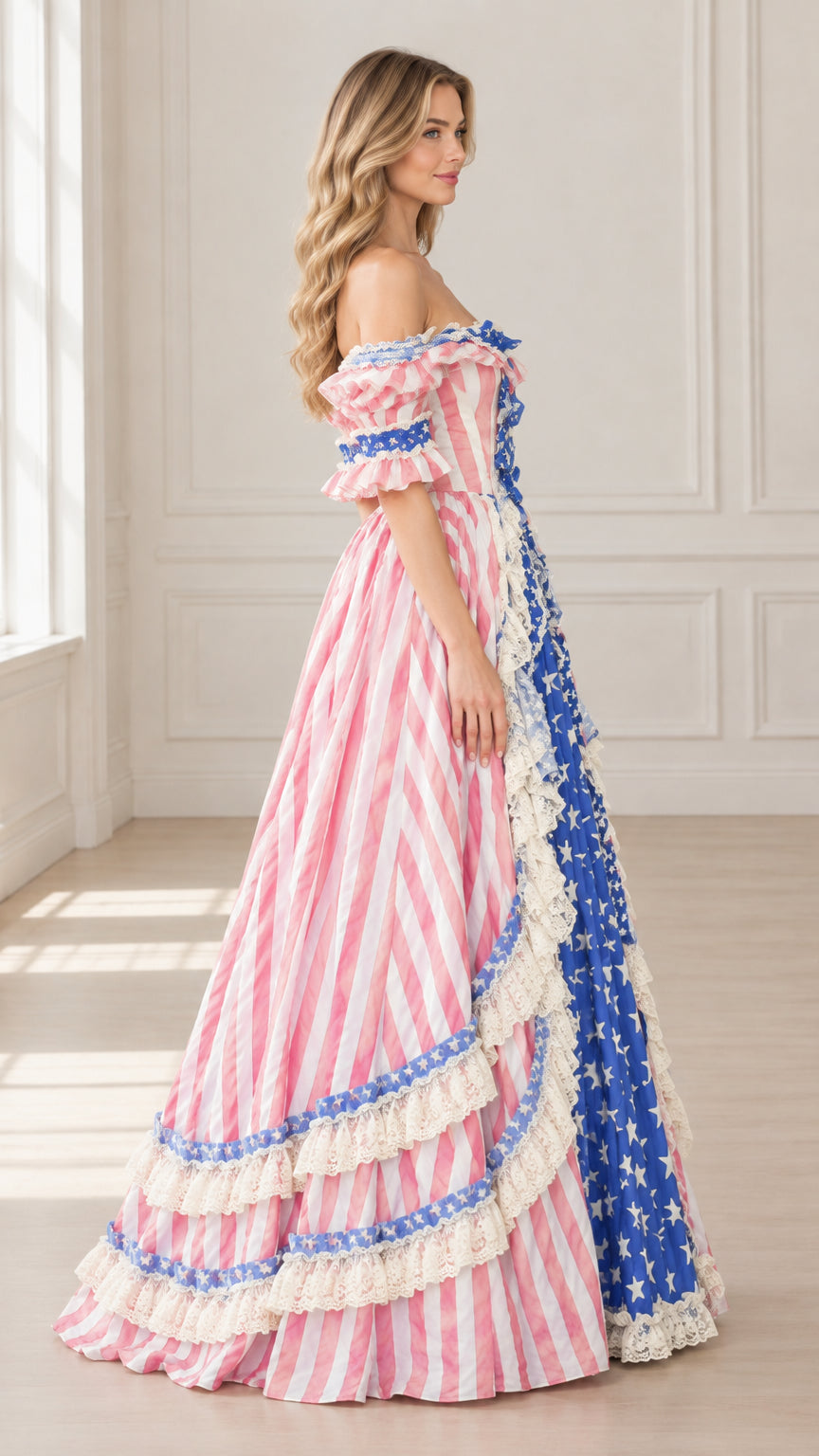 Side angle of model in pink and blue vintage patriotic ball gown with tiered lace skirt