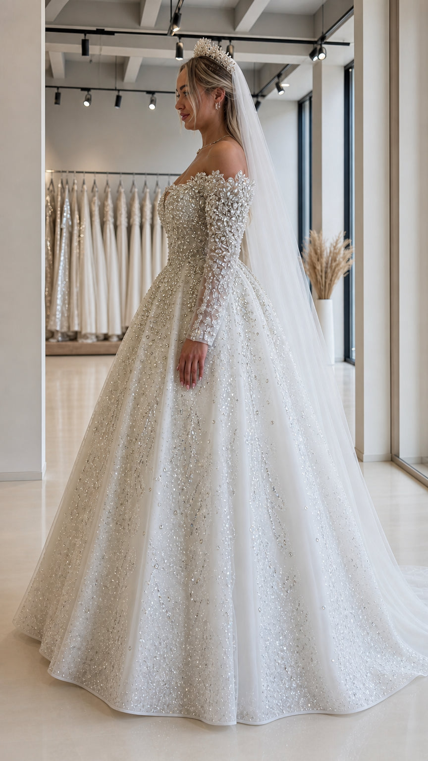 Side profile of white sparkly long-sleeve ball gown wedding dress with veil