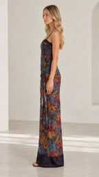 Side profile view of model wearing Navy Multi abstract floral spaghetti strap maxi dress