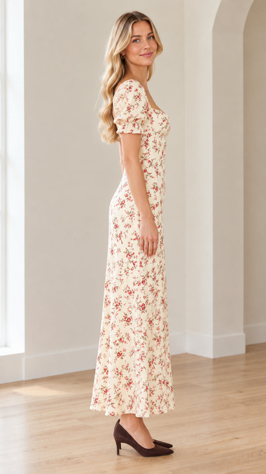 Side profile view of cream floral puff sleeve maxi dress on model