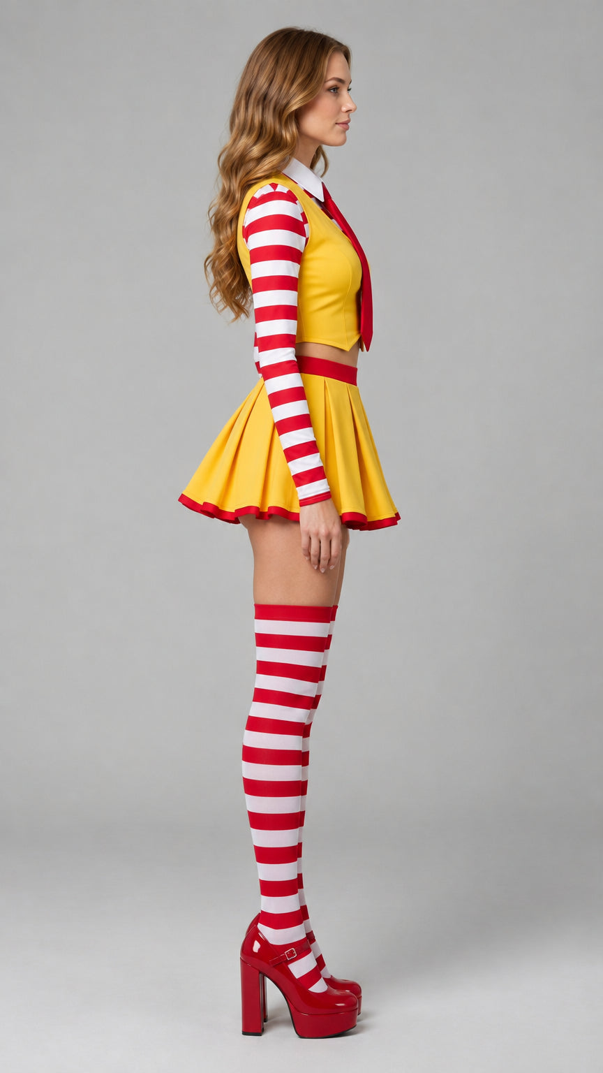 Side angle view of model in yellow pleated skirt and cropped vest cosplay costume