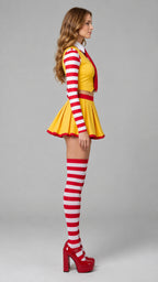Side angle view of model in yellow pleated skirt and cropped vest cosplay costume