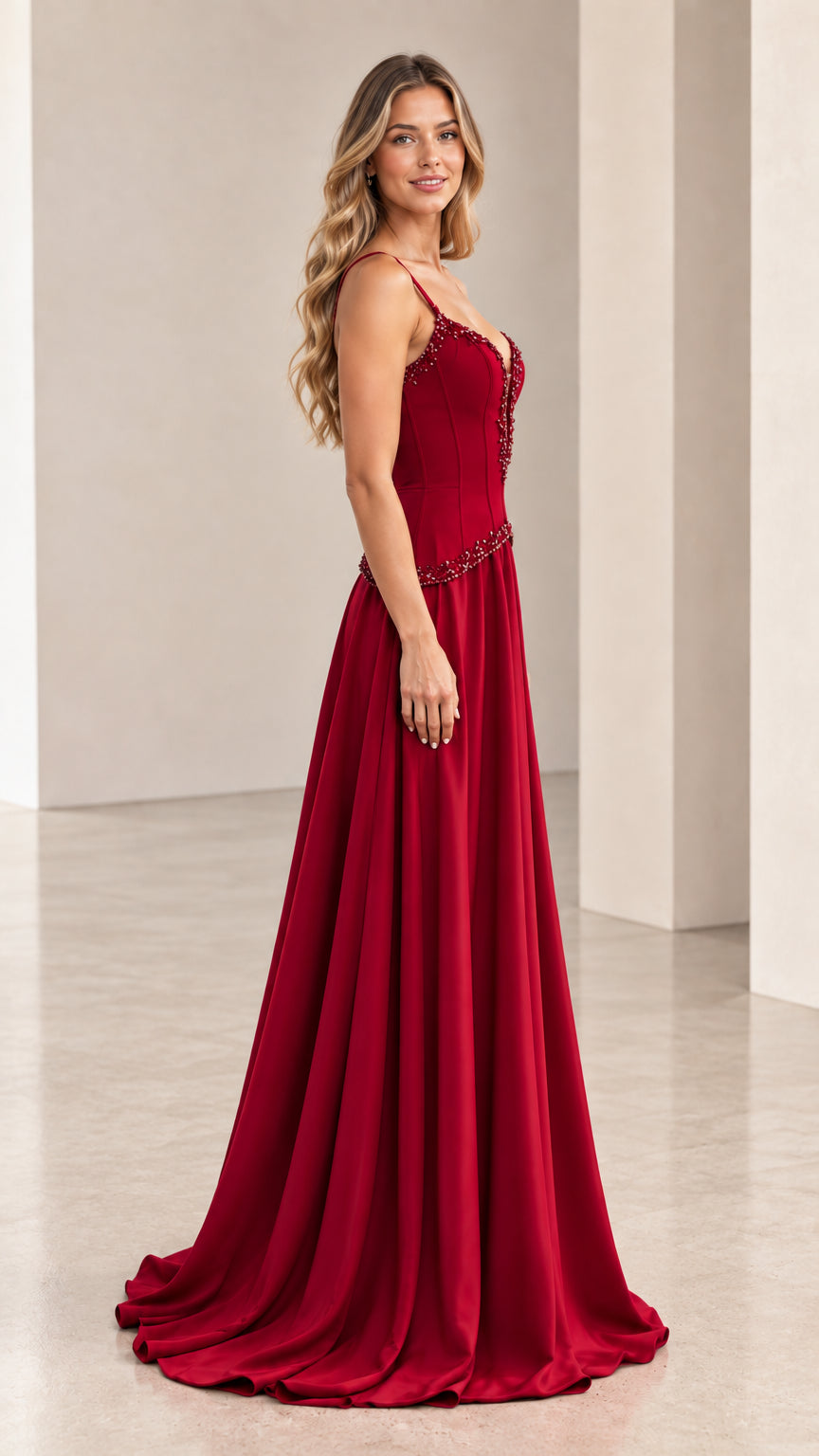 Side angle view of model wearing burgundy beaded formal maxi dress