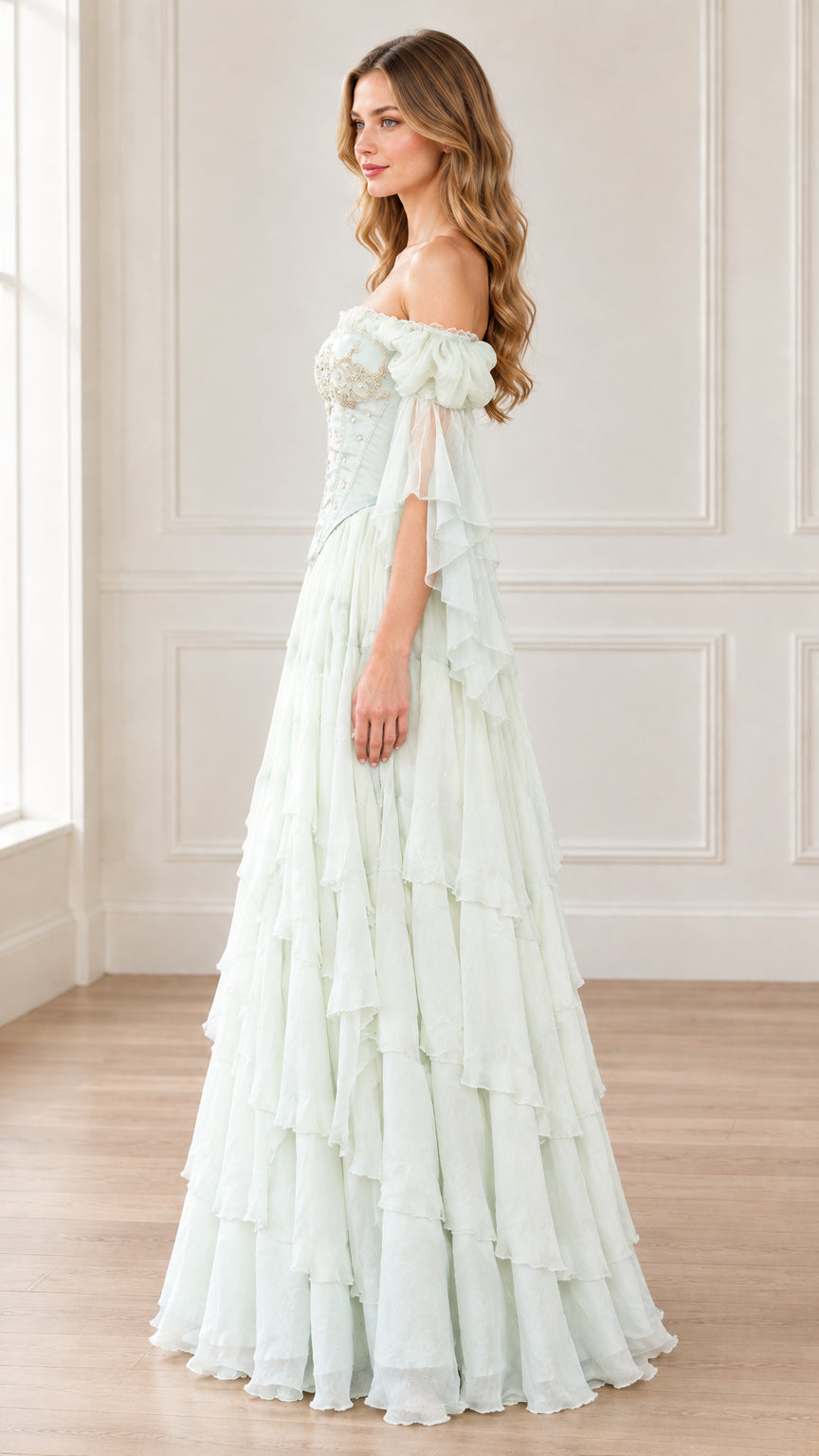 Side profile view of woman modeling Mint Green corset gown showing cascading ruffled skirt