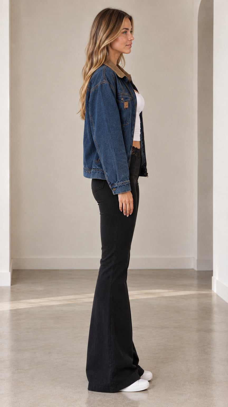 Side profile of model wearing blue corduroy collar denim jacket
