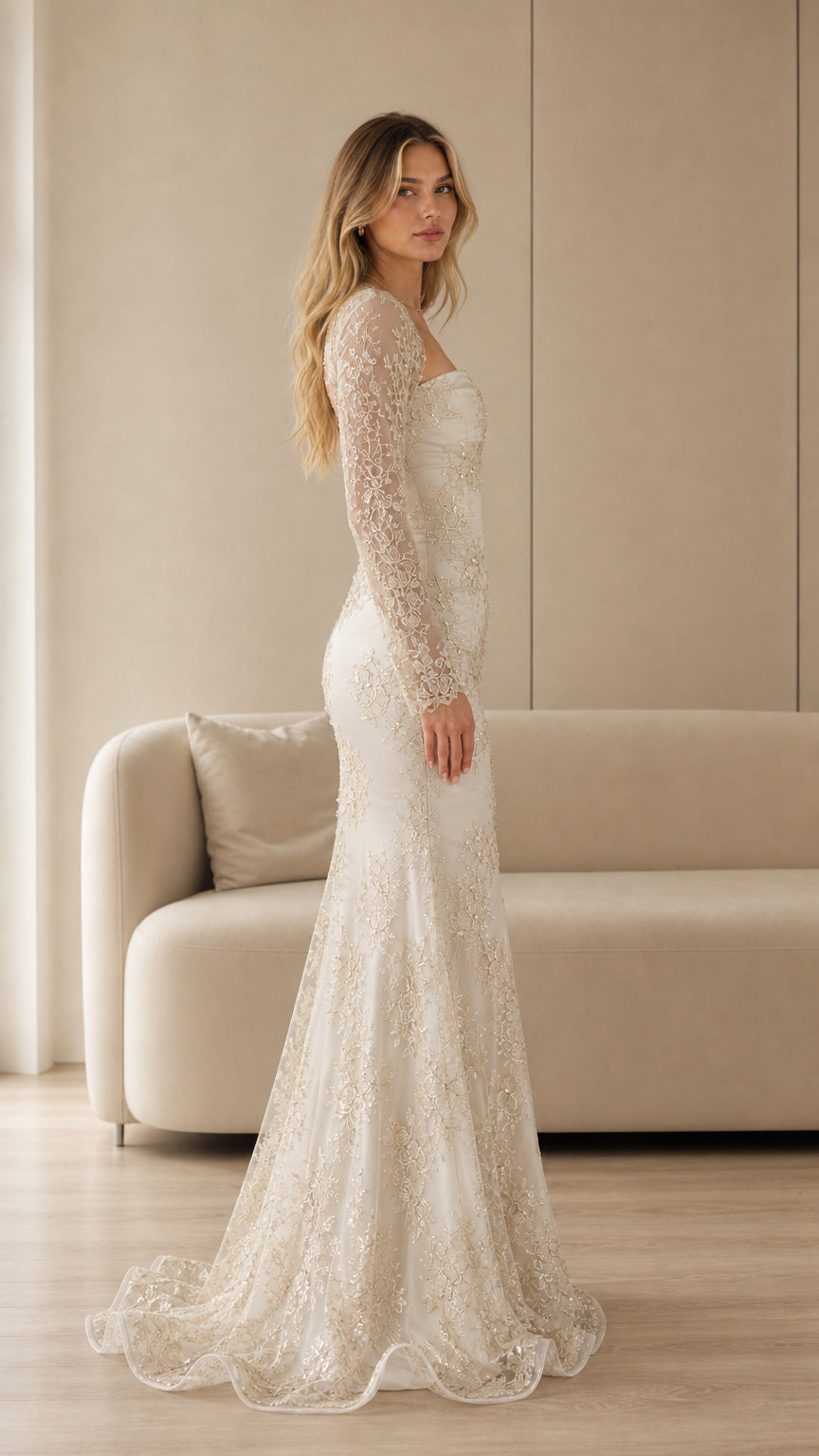 Champagne ivory lace formal gown side profile showing mermaid flare