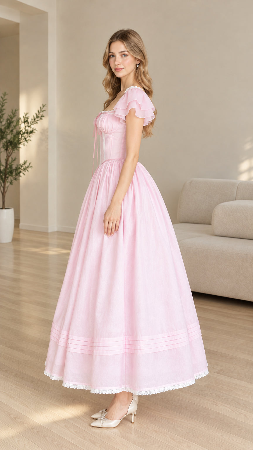 Side profile view of pink cottagecore maxi dress with gathered skirt