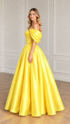 Side full-length view of the yellow corset ball gown showing skirt volume and neckline