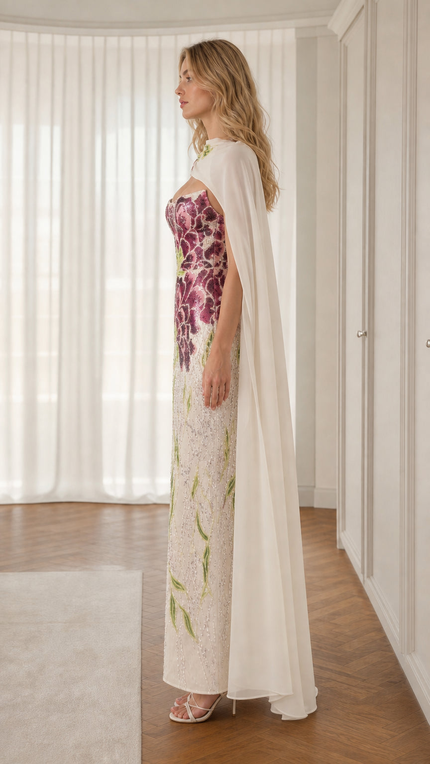 Side profile of white floral embroidered cape column gown