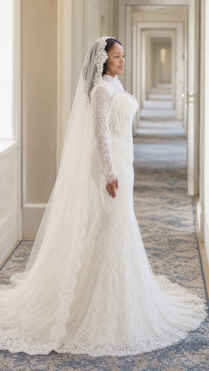 Ivory long sleeve lace wedding gown profile view showing flowing cathedral veil