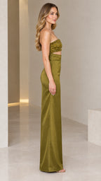 Side angle of model showcasing sleek column silhouette of olive green cutout gown