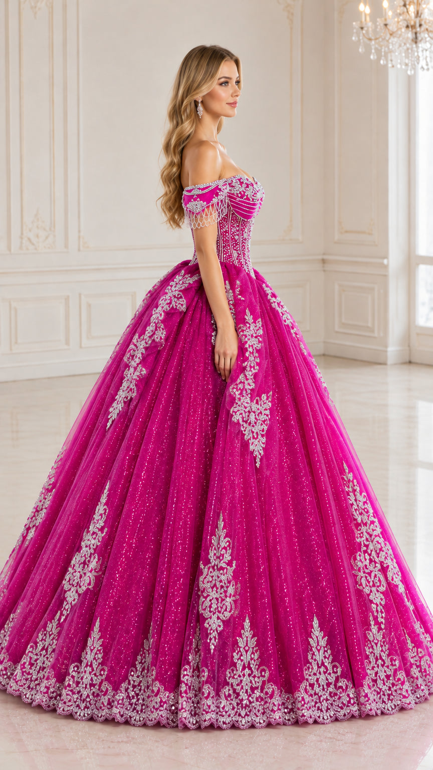 Fuchsia formal ball gown shown in side view with full skirt