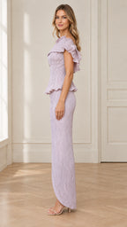Lilac one-shoulder peplum top and column skirt set side view