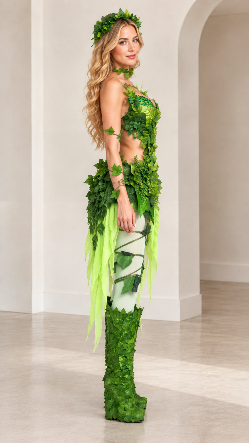 Side profile view of model showcasing the leafy waist overlay and green costume silhouette